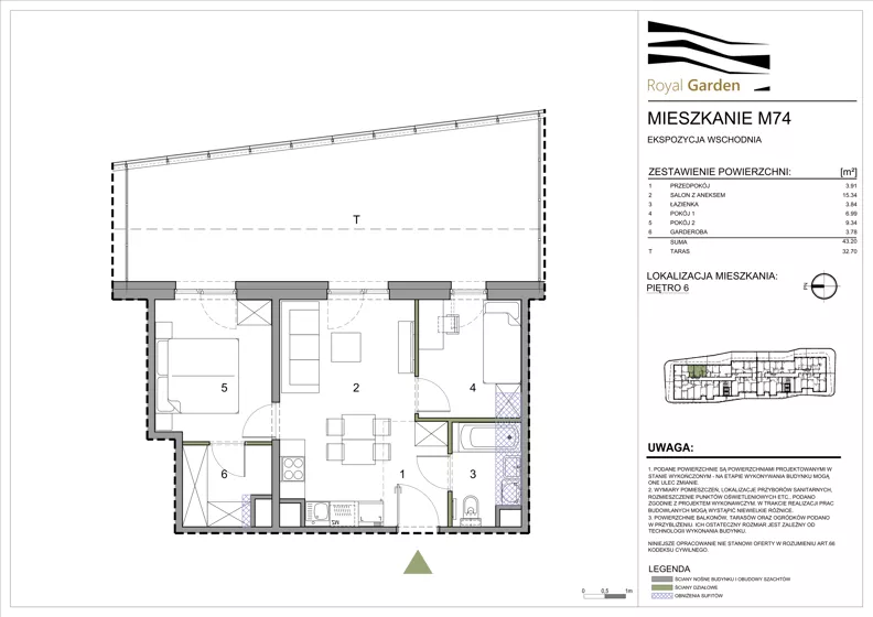 3 pokoje, mieszkanie 43,20 m², piętro 6, oferta nr M74, Royal Garden, Rzeszów, Miłocin, ul. Technologiczna