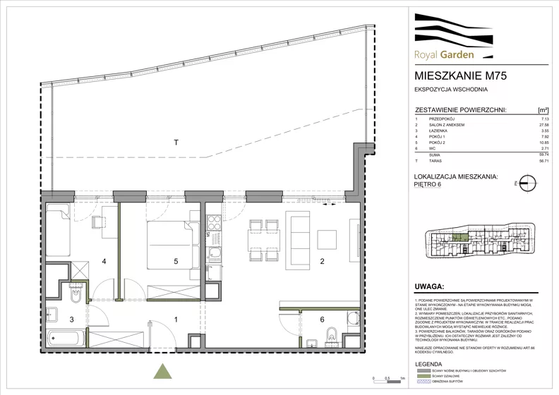 3 pokoje, mieszkanie 59,74 m², piętro 6, oferta nr M75, Royal Garden, Rzeszów, Miłocin, ul. Technologiczna