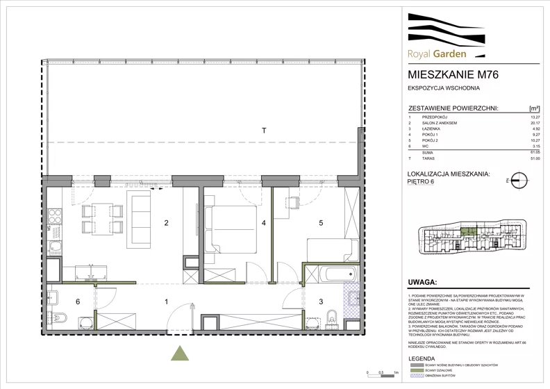 3 pokoje, mieszkanie 61,05 m², piętro 6, oferta nr M76, Royal Garden, Rzeszów, Miłocin, ul. Technologiczna