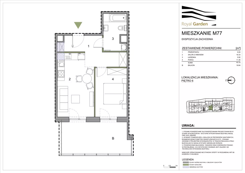 2 pokoje, mieszkanie 43,15 m², piętro 6, oferta nr M77, Royal Garden, Rzeszów, Miłocin, ul. Technologiczna