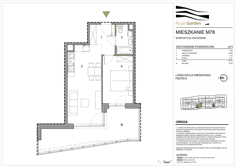 2 pokoje, mieszkanie 40,75 m², piętro 6, oferta nr M78, Royal Garden, Rzeszów, Miłocin, ul. Technologiczna