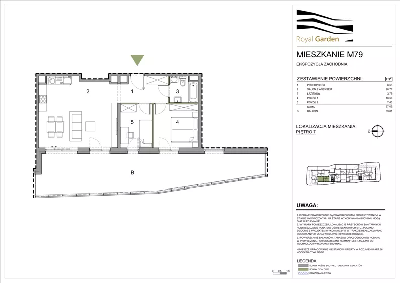 3 pokoje, mieszkanie 57,05 m², piętro 7, oferta nr M79, Royal Garden, Rzeszów, Miłocin, ul. Technologiczna