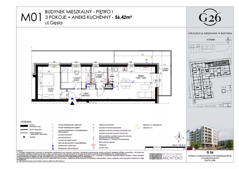3 pokoje, mieszkanie 56,42 m², piętro 1, oferta nr 1, Gęsia 26 - Bud. A2, Lublin, Węglin Południowy, Węglin, ul. Gęsia 24