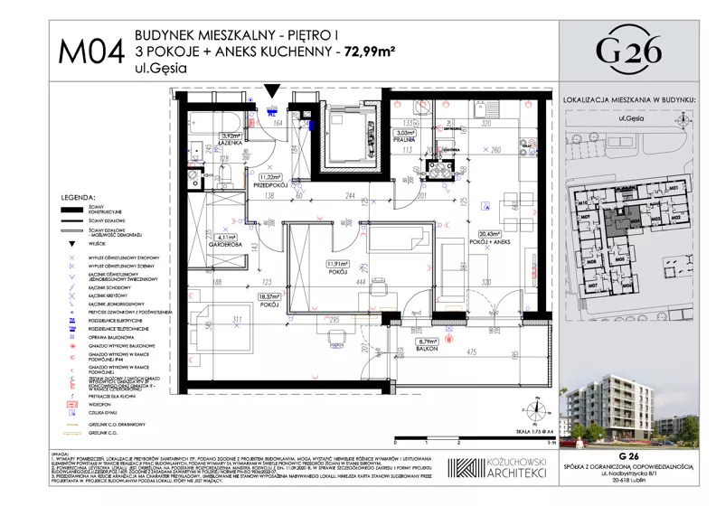 3 pokoje, mieszkanie 72,99 m², piętro 1, oferta nr 4, Gęsia 26 - Bud. A2, Lublin, Węglin Południowy, Węglin, ul. Gęsia 24
