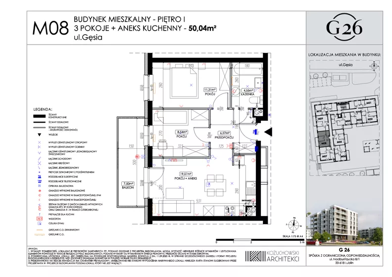 3 pokoje, mieszkanie 50,04 m², piętro 1, oferta nr 8, Gęsia 26 - Bud. A2, Lublin, Węglin Południowy, Węglin, ul. Gęsia 24