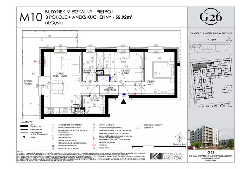 3 pokoje, mieszkanie 55,91 m², piętro 1, oferta nr 10, Gęsia 26 - Bud. A2, Lublin, Węglin Południowy, Węglin, ul. Gęsia 24