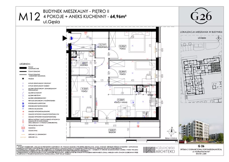 4 pokoje, mieszkanie 64,96 m², piętro 2, oferta nr 12, Gęsia 26 - Bud. A2, Lublin, Węglin Południowy, Węglin, ul. Gęsia 24