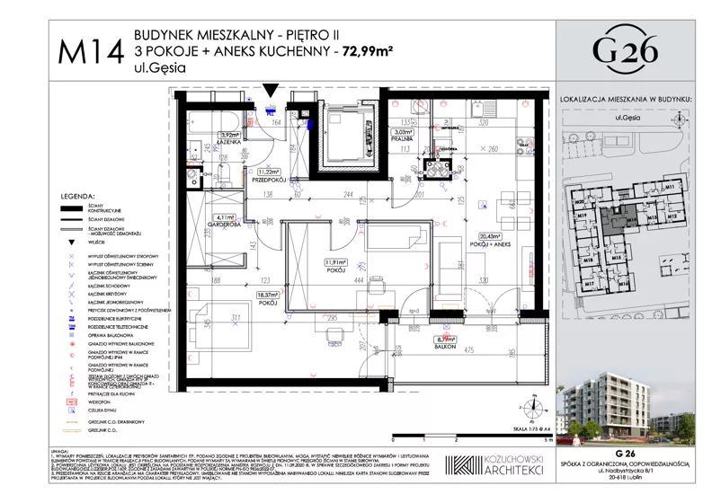 3 pokoje, mieszkanie 72,99 m², piętro 2, oferta nr 14, Gęsia 26 - Bud. A2, Lublin, Węglin Południowy, Węglin, ul. Gęsia 24