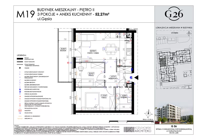 3 pokoje, mieszkanie 52,27 m², piętro 2, oferta nr 19, Gęsia 26 - Bud. A2, Lublin, Węglin Południowy, Węglin, ul. Gęsia 24