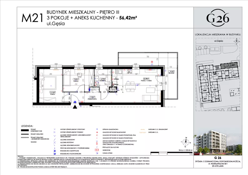 3 pokoje, mieszkanie 56,42 m², piętro 3, oferta nr 21, Gęsia 26 - Bud. A2, Lublin, Węglin Południowy, Węglin, ul. Gęsia 24