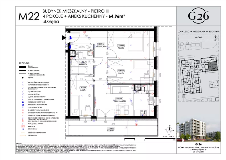 4 pokoje, mieszkanie 64,96 m², piętro 3, oferta nr 22, Gęsia 26 - Bud. A2, Lublin, Węglin Południowy, Węglin, ul. Gęsia 24