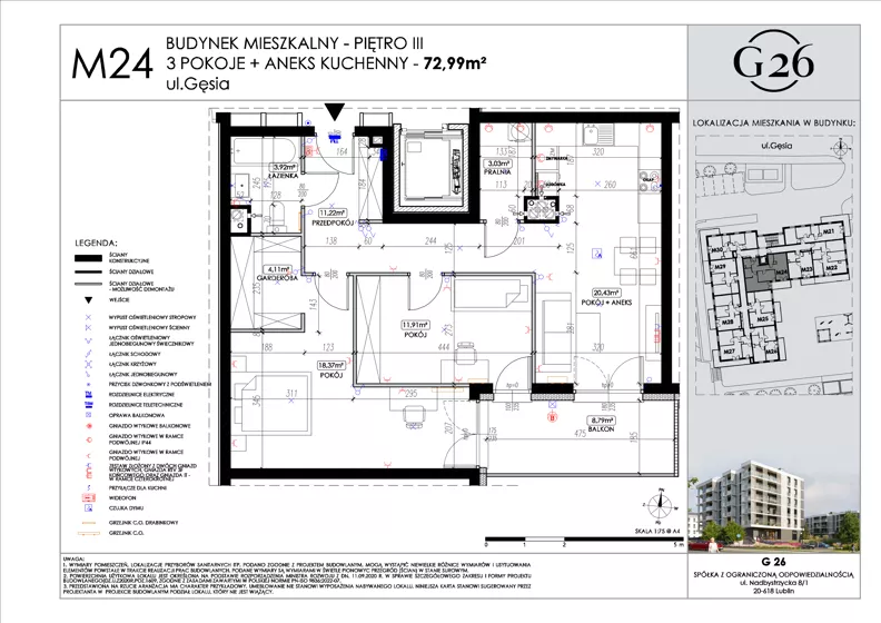 3 pokoje, mieszkanie 72,99 m², piętro 3, oferta nr 24, Gęsia 26 - Bud. A2, Lublin, Węglin Południowy, Węglin, ul. Gęsia 24