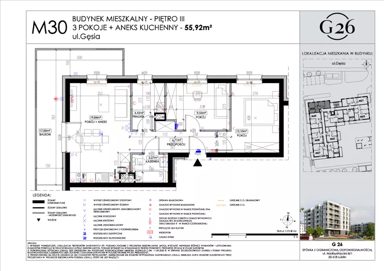 3 pokoje, mieszkanie 55,91 m², piętro 3, oferta nr 30, Gęsia 26 - Bud. A2, Lublin, Węglin Południowy, Węglin, ul. Gęsia 24