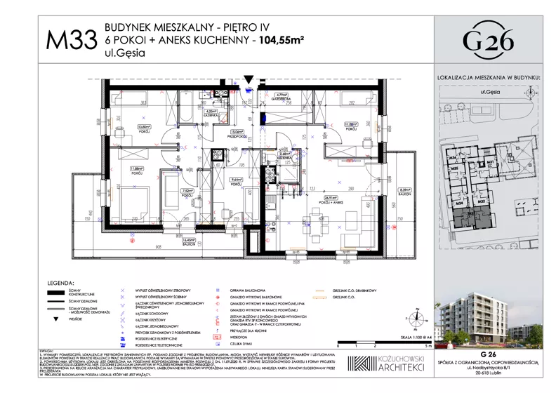 6 pokoi, mieszkanie 104,55 m², piętro 4, oferta nr 33, Gęsia 26 - Bud. A2, Lublin, Węglin Południowy, Węglin, ul. Gęsia 24