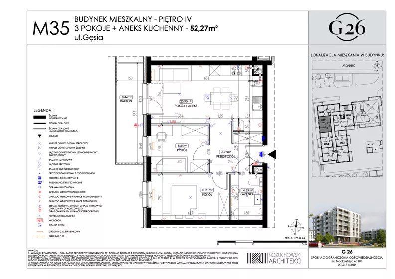 3 pokoje, mieszkanie 52,27 m², piętro 4, oferta nr 35, Gęsia 26 - Bud. A2, Lublin, Węglin Południowy, Węglin, ul. Gęsia 24