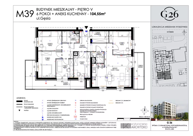 6 pokoi, mieszkanie 104,55 m², piętro 5, oferta nr 39, Gęsia 26 - Bud. A2, Lublin, Węglin Południowy, Węglin, ul. Gęsia 24
