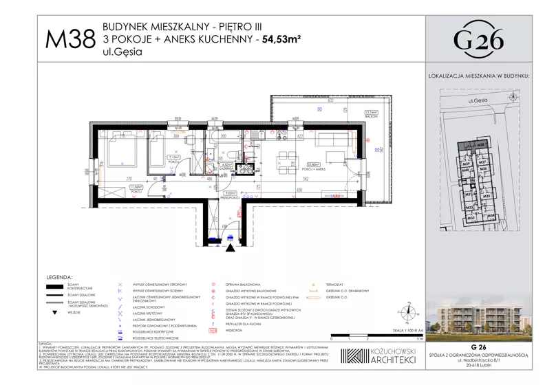 3 pokoje, mieszkanie 54,53 m², piętro 3, oferta nr 38, Gęsia 26 - Bud. A1, Lublin, Węglin Południowy, Węglin, ul. Gęsia 26