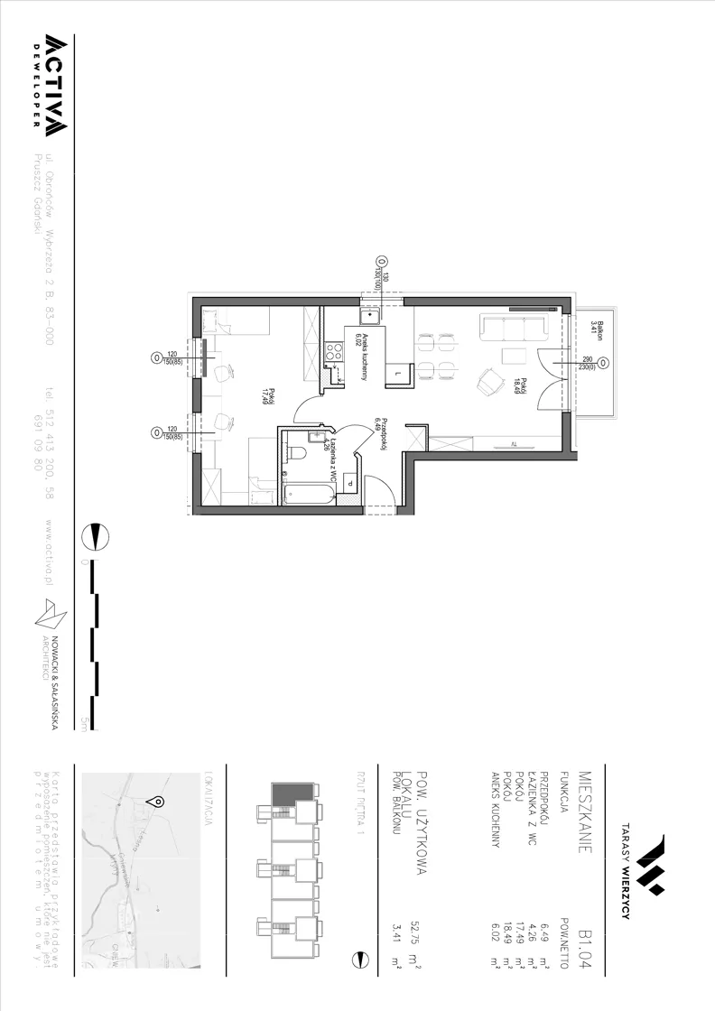 2 pokoje, mieszkanie 52,75 m², piętro 1, oferta nr B1.04, Tarasy Wierzycy, Gniew, ul. Leśna