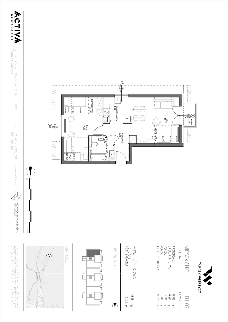 2 pokoje, mieszkanie 48,50 m², piętro 2, oferta nr B1.07, Tarasy Wierzycy, Gniew, ul. Leśna