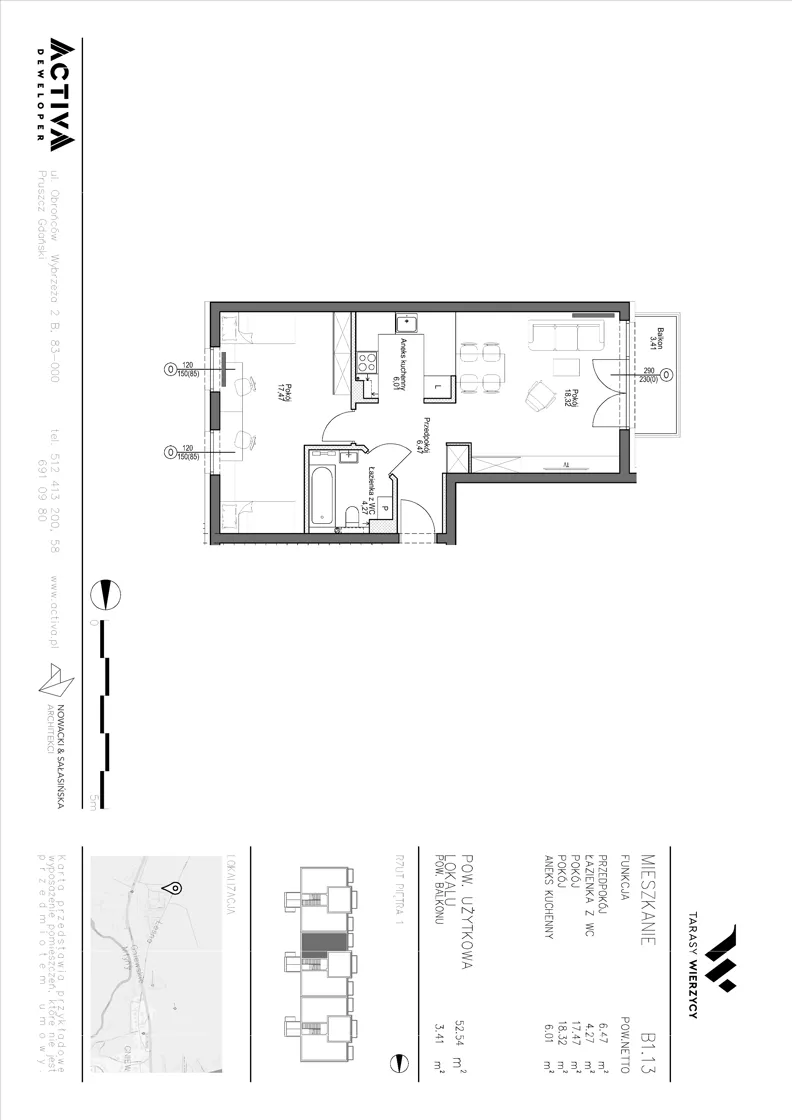 2 pokoje, mieszkanie 52,54 m², piętro 1, oferta nr B1.13, Tarasy Wierzycy, Gniew, ul. Leśna