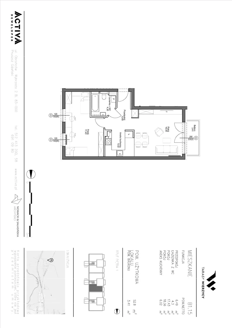 2 pokoje, mieszkanie 52,80 m², piętro 1, oferta nr B1.15, Tarasy Wierzycy, Gniew, ul. Leśna