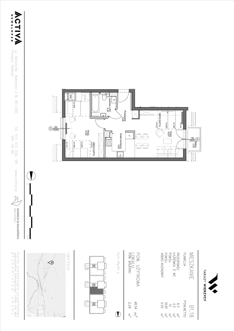 2 pokoje, mieszkanie 48,54 m², piętro 2, oferta nr B1.18, Tarasy Wierzycy, Gniew, ul. Leśna
