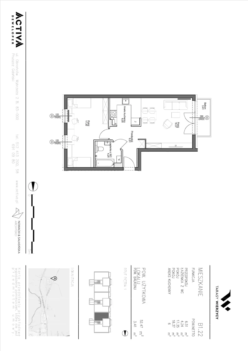2 pokoje, mieszkanie 52,47 m², piętro 1, oferta nr B1.22, Tarasy Wierzycy, Gniew, ul. Leśna