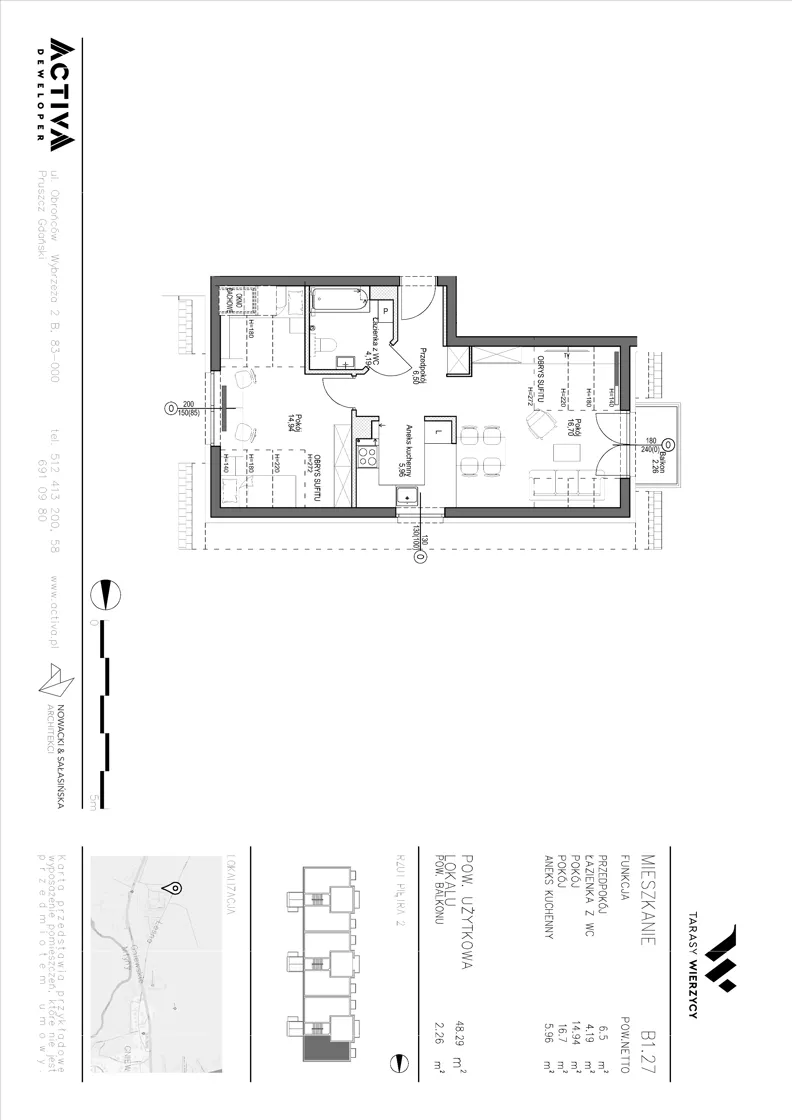 2 pokoje, mieszkanie 48,29 m², piętro 2, oferta nr B1.27, Tarasy Wierzycy, Gniew, ul. Leśna
