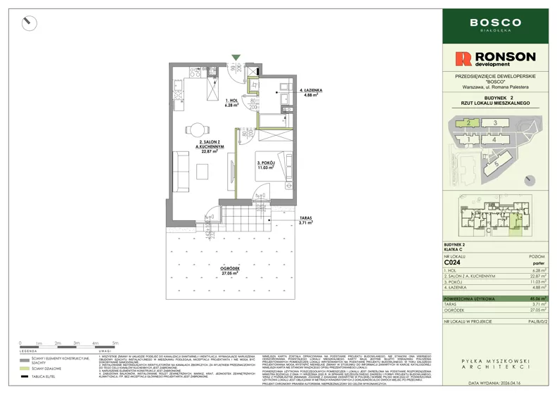 2 pokoje, mieszkanie 45,06 m², parter, oferta nr C024, BOSCO, Warszawa, Białołęka, Białołęka Dworska, ul. Romana Palestera