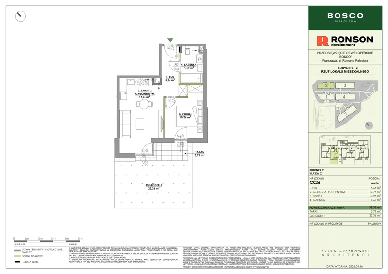 2 pokoje, mieszkanie 38,35 m², parter, oferta nr C026, BOSCO, Warszawa, Białołęka, Białołęka Dworska, ul. Romana Palestera