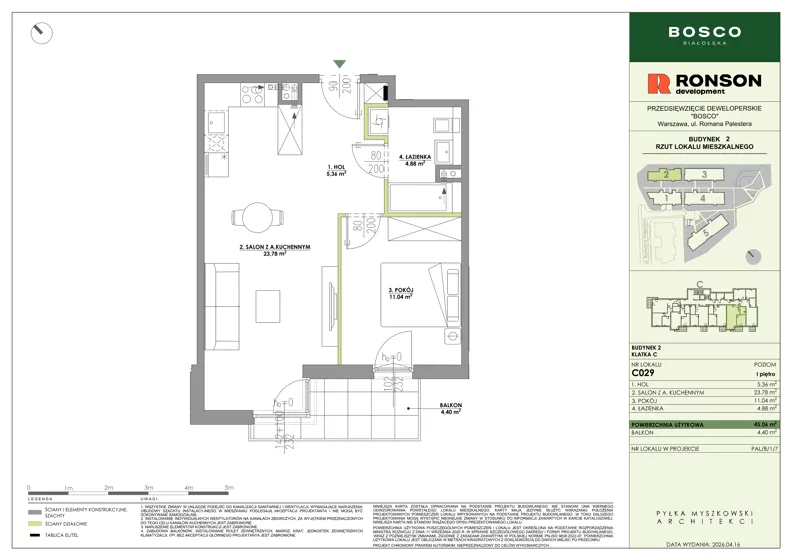 2 pokoje, mieszkanie 45,06 m², piętro 1, oferta nr C029, BOSCO, Warszawa, Białołęka, Białołęka Dworska, ul. Romana Palestera