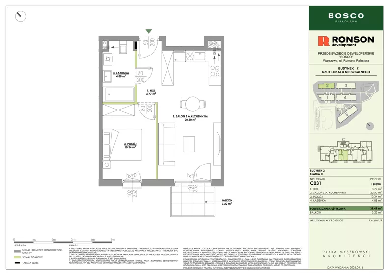 2 pokoje, mieszkanie 39,49 m², piętro 1, oferta nr C031, BOSCO, Warszawa, Białołęka, Białołęka Dworska, ul. Romana Palestera
