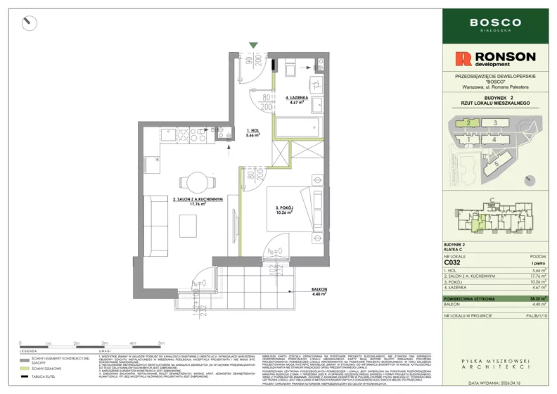 2 pokoje, mieszkanie 38,35 m², piętro 1, oferta nr C032, BOSCO, Warszawa, Białołęka, Białołęka Dworska, ul. Romana Palestera