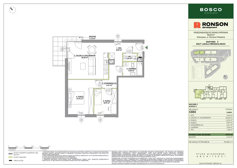 3 pokoje, mieszkanie 64,92 m², piętro 1, oferta nr C033, BOSCO, Warszawa, Białołęka, Białołęka Dworska, ul. Romana Palestera