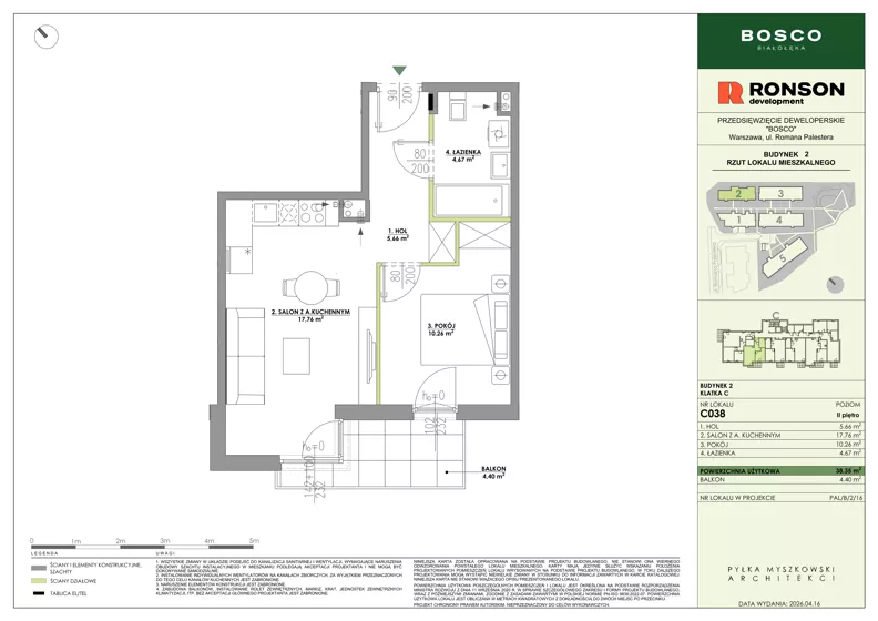 2 pokoje, mieszkanie 38,35 m², piętro 2, oferta nr C038, BOSCO, Warszawa, Białołęka, Białołęka Dworska, ul. Romana Palestera