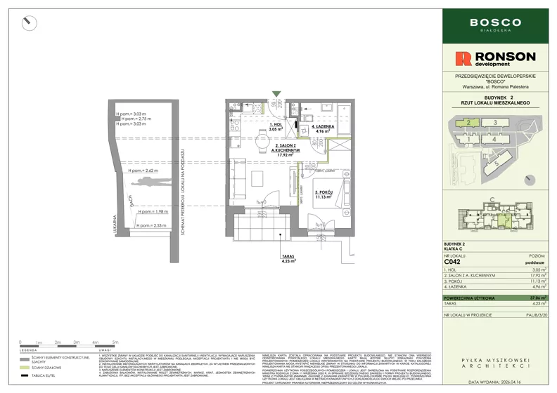 2 pokoje, mieszkanie 37,06 m², piętro 3, oferta nr C042, BOSCO, Warszawa, Białołęka, Białołęka Dworska, ul. Romana Palestera