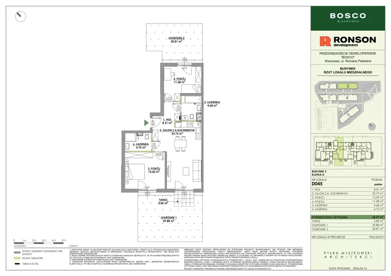 3 pokoje, mieszkanie 68,07 m², parter, oferta nr D045, BOSCO, Warszawa, Białołęka, Białołęka Dworska, ul. Romana Palestera