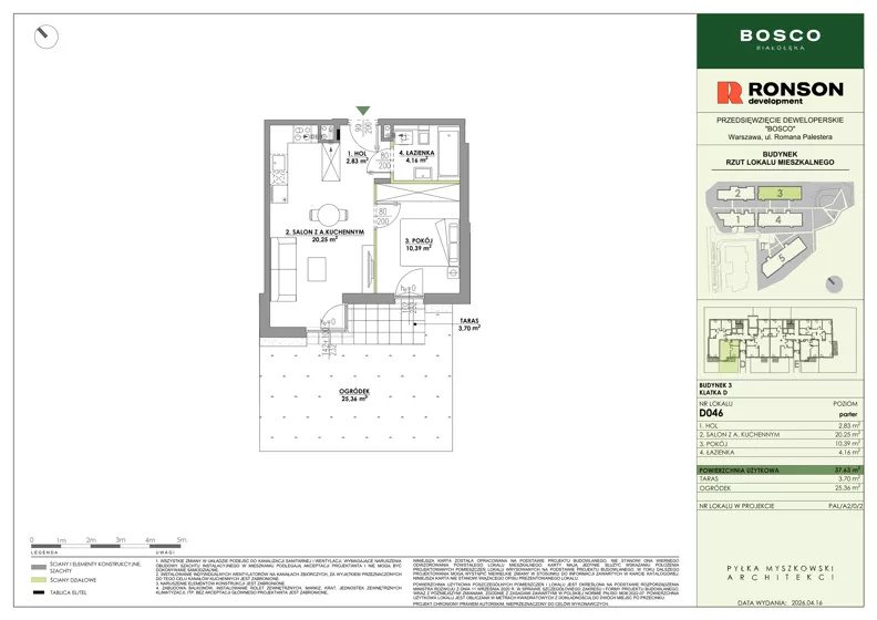 2 pokoje, mieszkanie 37,63 m², parter, oferta nr D046, BOSCO, Warszawa, Białołęka, Białołęka Dworska, ul. Romana Palestera