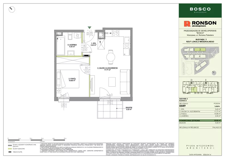 2 pokoje, mieszkanie 35,85 m², piętro 1, oferta nr D049, BOSCO, Warszawa, Białołęka, Białołęka Dworska, ul. Romana Palestera
