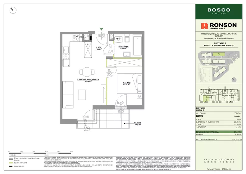 2 pokoje, mieszkanie 37,63 m², piętro 1, oferta nr D050, BOSCO, Warszawa, Białołęka, Białołęka Dworska, ul. Romana Palestera