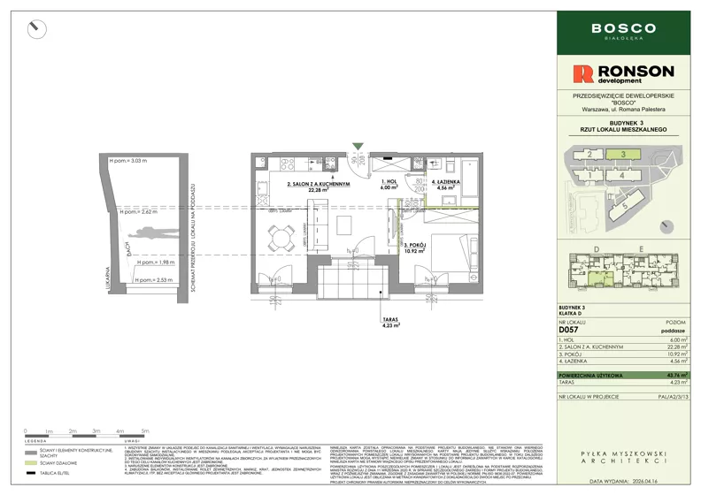 2 pokoje, mieszkanie 43,76 m², piętro 3, oferta nr D057, BOSCO, Warszawa, Białołęka, Białołęka Dworska, ul. Romana Palestera