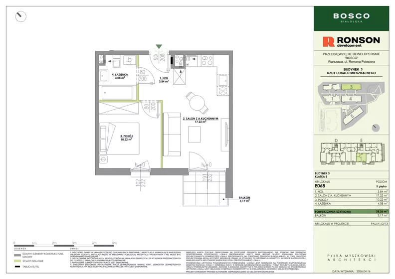 2 pokoje, mieszkanie 35,36 m², piętro 2, oferta nr E068, BOSCO, Warszawa, Białołęka, Białołęka Dworska, ul. Romana Palestera