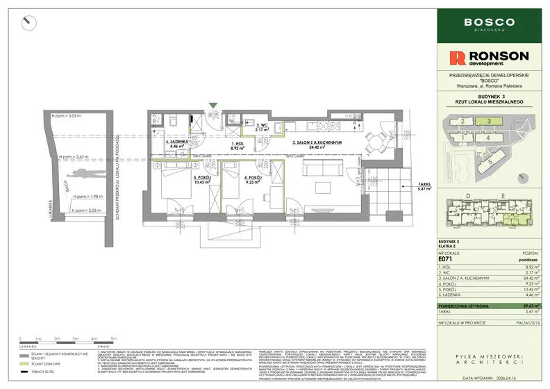 3 pokoje, mieszkanie 59,63 m², piętro 3, oferta nr E071, BOSCO, Warszawa, Białołęka, Białołęka Dworska, ul. Romana Palestera