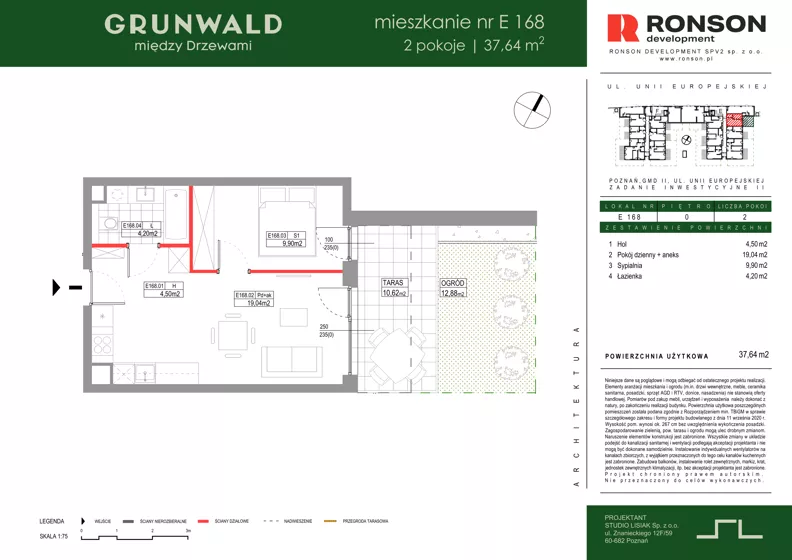 2 pokoje, mieszkanie 37,64 m², parter, oferta nr E168, Grunwald Między Drzewami 3, Poznań, Grunwald, Grunwald Południe, ul. Unii Europejskiej / Smardzewska