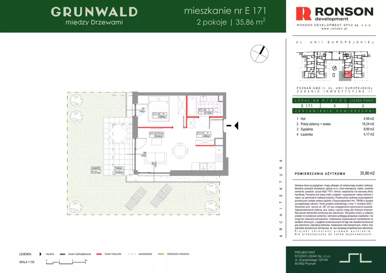 2 pokoje, mieszkanie 35,86 m², parter, oferta nr E171, Grunwald Między Drzewami 3, Poznań, Grunwald, Grunwald Południe, ul. Unii Europejskiej / Smardzewska