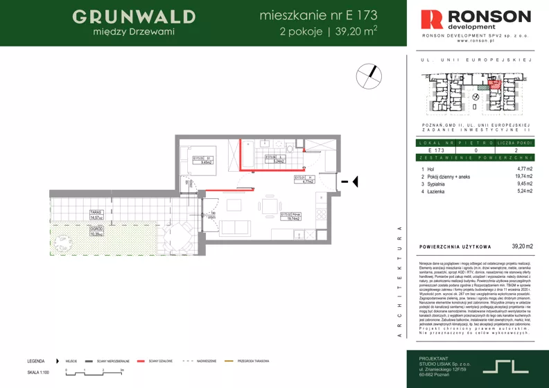 2 pokoje, mieszkanie 39,20 m², parter, oferta nr E173, Grunwald Między Drzewami 3, Poznań, Grunwald, Grunwald Południe, ul. Unii Europejskiej / Smardzewska