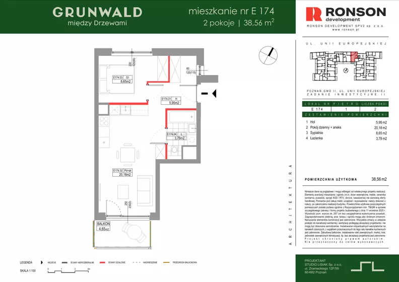 2 pokoje, mieszkanie 38,56 m², piętro 1, oferta nr E174, Grunwald Między Drzewami 3, Poznań, Grunwald, Grunwald Południe, ul. Unii Europejskiej / Smardzewska
