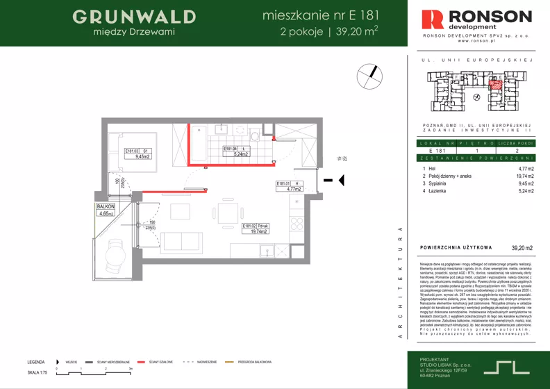 2 pokoje, mieszkanie 39,20 m², piętro 1, oferta nr E181, Grunwald Między Drzewami 3, Poznań, Grunwald, Grunwald Południe, ul. Unii Europejskiej / Smardzewska
