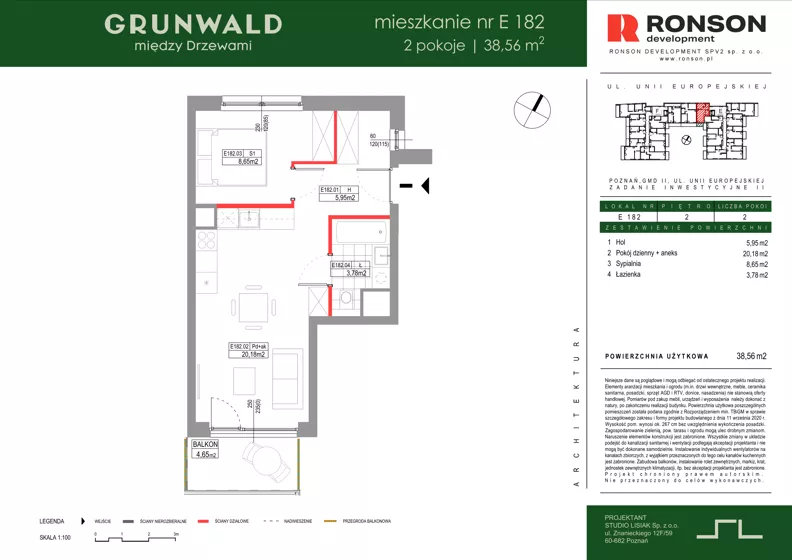 2 pokoje, mieszkanie 38,56 m², piętro 2, oferta nr E182, Grunwald Między Drzewami 3, Poznań, Grunwald, Grunwald Południe, ul. Unii Europejskiej / Smardzewska