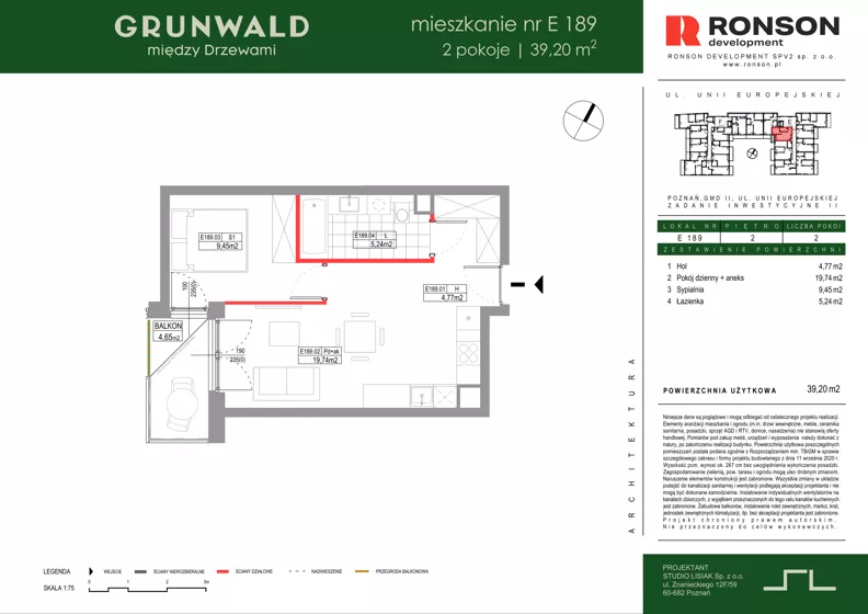 2 pokoje, mieszkanie 39,20 m², piętro 2, oferta nr E189, Grunwald Między Drzewami 3, Poznań, Grunwald, Grunwald Południe, ul. Unii Europejskiej / Smardzewska